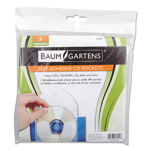 Baumgartens CD Pocket, 1 Disc Capacity, Clear/White, 5/Pack (61801)