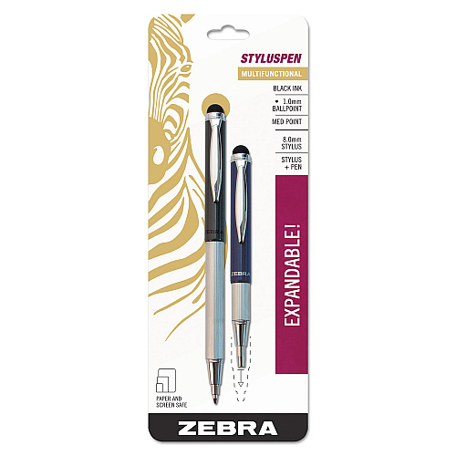 Zebra StylusPen Telescopic Ballpoint Pen/Stylus, Retractable, Medium 1 mm, Black Ink, Blue/Gray Barrel, 2/Pack (33602)