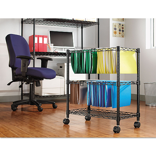 Alera Two-Tier File Cart for Front-to-Back + Side-to-Side Filing, Metal, 1 Shelf, 3 Bins, 26" x 14" x 29.5", Black (ALEFW601426BL)