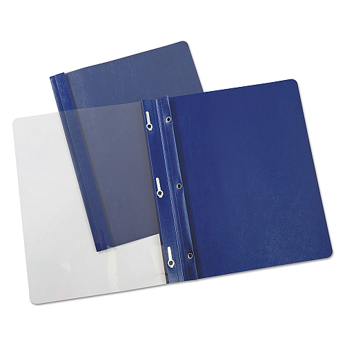 Universal Clear Front Report Covers with Fasteners, Three-Prong Fastener, 0.5" Capacity,  8.5 x 11, Clear/Dark Blue, 25/Box (UNV56138)