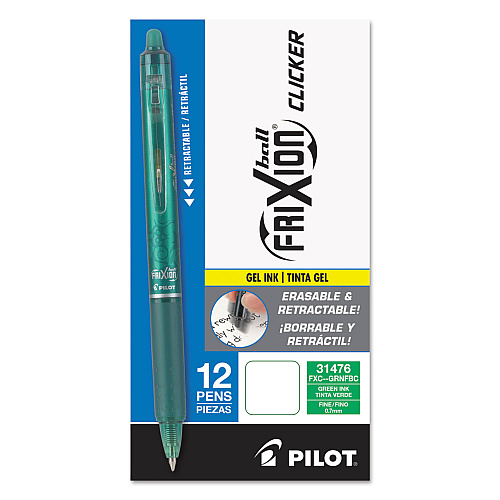 Pilot FriXion Clicker Erasable Gel Pen, Retractable, Fine 0.7 mm, Green Ink, Green Barrel, Dozen (31476)