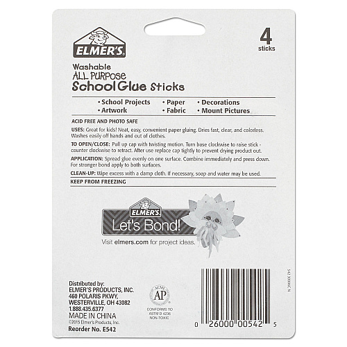 Elmer's Washable School Glue Sticks, 0.24 oz, Applies and Dries Clear, 4/Pack (E542)