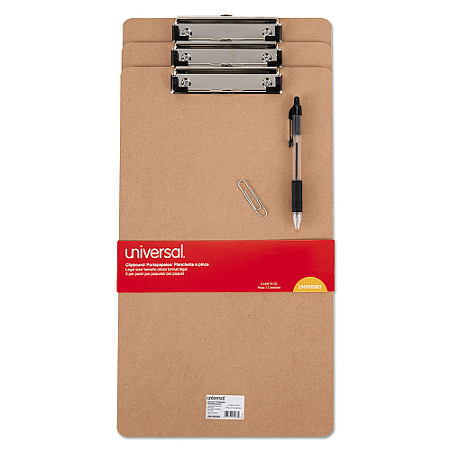 Universal Hardboard Clipboard with Low-Profile Clip, 0.5" Clip Capacity, Holds 8.5 x 14 Sheets, Brown, 3/Pack (UNV05563)