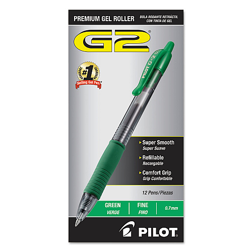 Pilot G2 Premium Gel Pen, Retractable, Fine 0.7 mm, Green Ink, Smoke/Green Barrel, Dozen (31025)