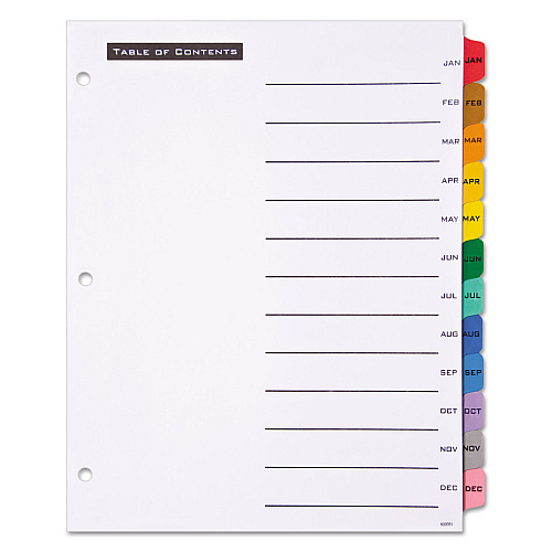 Office Essentials Table 'n Tabs Dividers, 12-Tab, Jan. to Dec., 11 x 8.5, White, Assorted Tabs, 1 Set (11679)