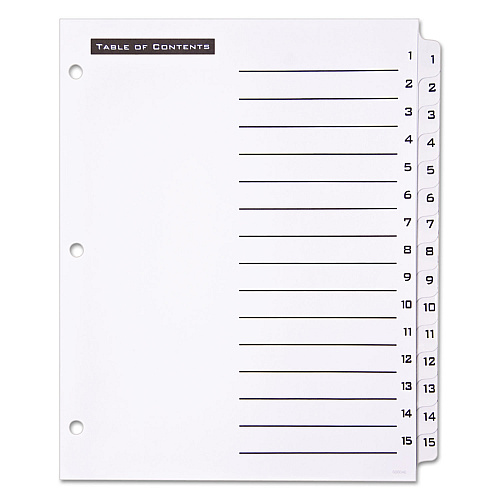 Office Essentials Table 'n Tabs Dividers, 15-Tab, 1 to 15, 11 x 8.5, White, White Tabs, 1 Set (11674)
