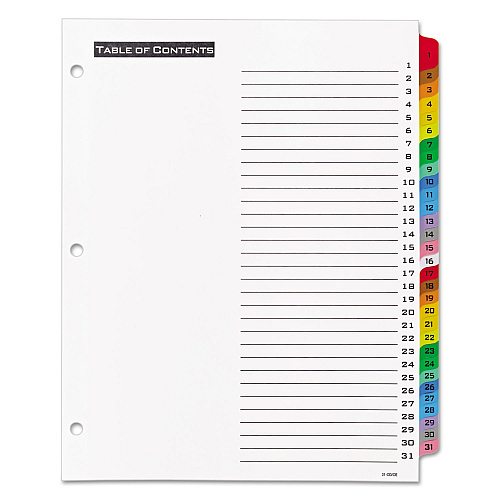 Office Essentials Table 'n Tabs Dividers, 31-Tab, 1 to 31, 11 x 8.5, White, Assorted Tabs, 1 Set (11681)