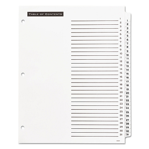 Office Essentials Table 'n Tabs Dividers, 31-Tab, 1 to 31, 11 x 8.5, White, White Tabs, 1 Set (11680)