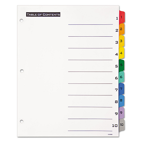 Office Essentials Table 'n Tabs Dividers, 10-Tab, 1 to 10, 11 x 8.5, White, Assorted Tabs, 1 Set (11671)