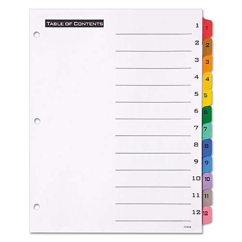 Office Essentials Table 'n Tabs Dividers, 12-Tab, 1 to 12, 11 x 8.5, White, Assorted Tabs, 1 Set (11673)