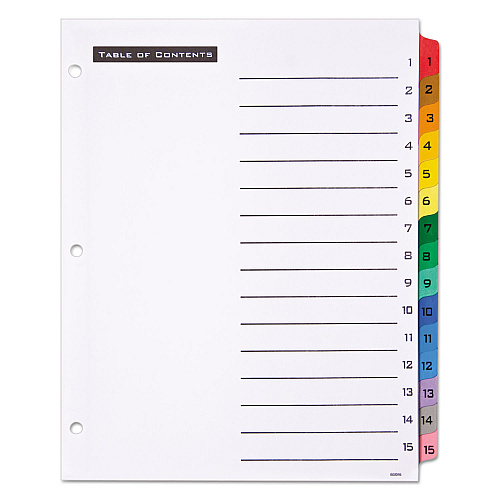 Office Essentials Table 'n Tabs Dividers, 15-Tab, 1 to 15, 11 x 8.5, White, Assorted Tabs, 1 Set (11675)