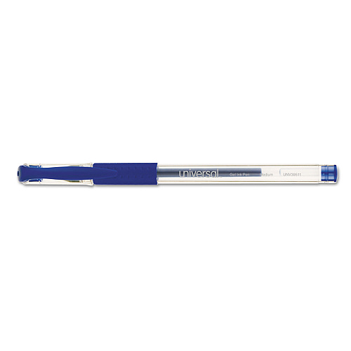 Universal Comfort Grip Gel Pen, Stick, Medium 0.7 mm, Blue Ink, Clear/Blue Barrel, Dozen (UNV39511)