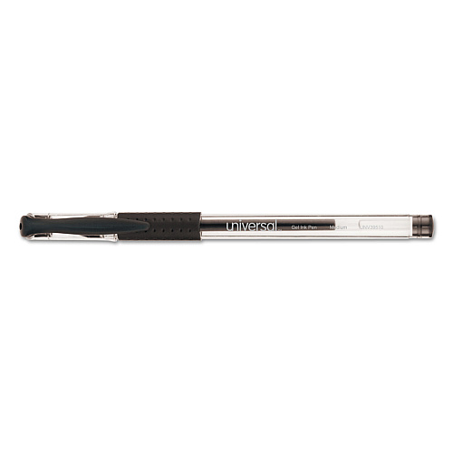 Universal Comfort Grip Gel Pen, Stick, Medium 0.7 mm, Black Ink, Clear/Black Barrel, Dozen (UNV39510)