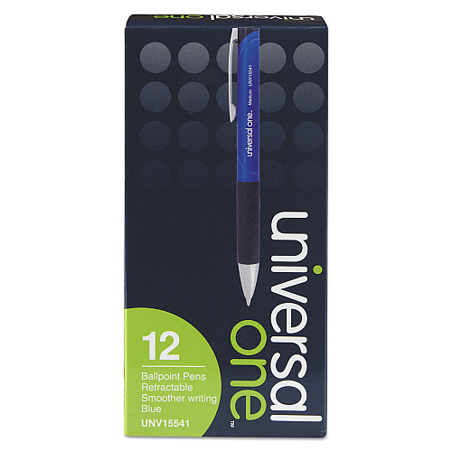 Universal Comfort Grip Ballpoint Pen, Retractable, Medium 1 mm, Blue Ink, Blue/Black Barrel, Dozen (UNV15541)