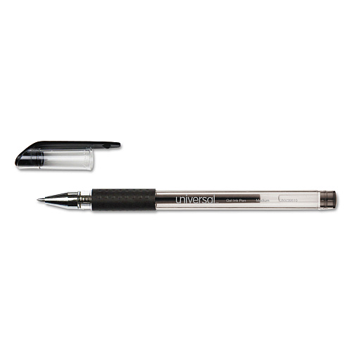 Universal Comfort Grip Gel Pen, Stick, Medium 0.7 mm, Black Ink, Clear/Black Barrel, Dozen (UNV39510)