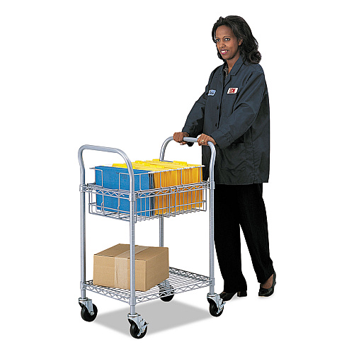 Safco Dual-Purpose Wire Mail and Filing Cart, Metal, 1 Shelf, 1 Bin, 26.75" x 18.75" x 38.5", Metallic Gray (5235GR)