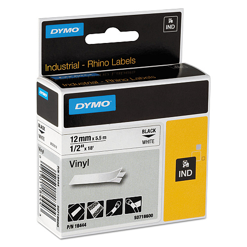DYMO Rhino Permanent Vinyl Industrial Label Tape, 0.5" x 18 ft, White/Black Print (18444)