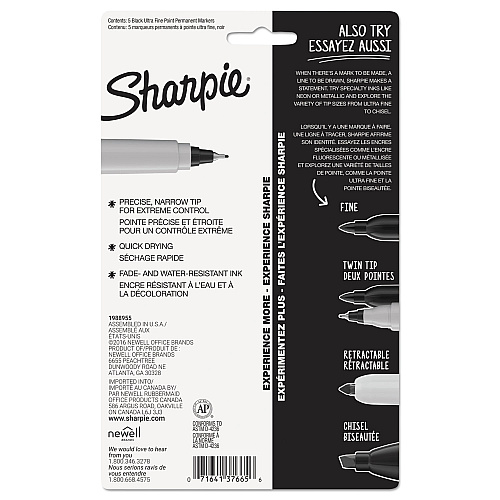 Sharpie Ultra Fine Tip Permanent Marker, Ultra-Fine Needle Tip, Black, 5/Pack (37665PP)