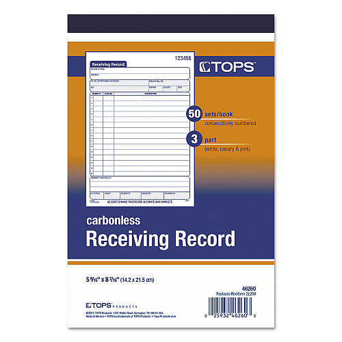 TOPS Receiving Record Book, Three-Part Carbonless, 5.56 x 7.94, 50 Forms Total (46260)