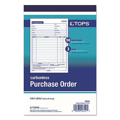 TOPS Purchase Order Book, 15 Lines, Three-Part Carbonless, 5.56 x 8.44, 50 Forms Total (46141)