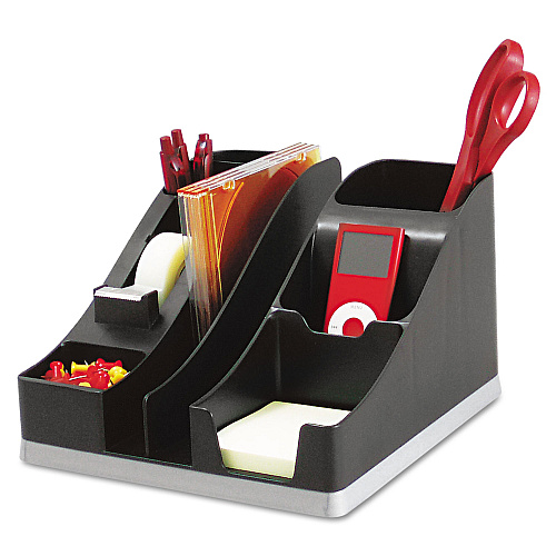 Deflecto Silhouettes All-In-One Caddy, 6 Compartments, Plastic, 8.13 x 9.13 x 5.19, Black/Silver (35172)