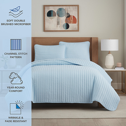 Host & Home Brushed Microfiber Quilt Set - Twin, Light Blue - Case Of 4 (MFQT-TWSET-LB)