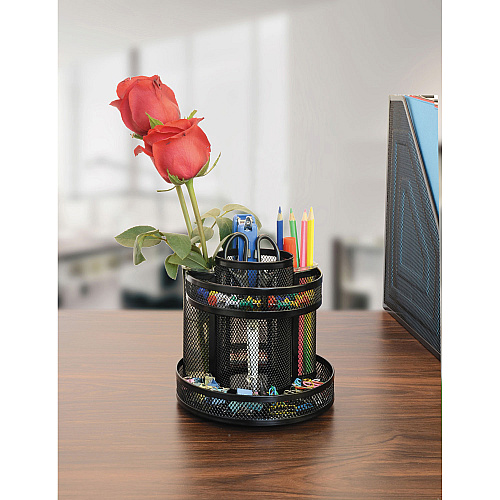 Universal Metal Mesh Rotating Desktop Organizer, 8 Compartments, Metal Mesh, 6.5" Diameter x 6.13"h, Black (UNV20022)