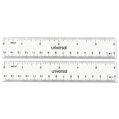 Universal Clear Plastic Ruler, Standard/Metric, 6" Long, Clear, 2/Pack (UNV59025)