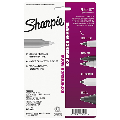 Sharpie Metallic Fine Point Permanent Markers, Fine Bullet Tip, Gold-Silver-Bronze, 6/Pack (1829201)