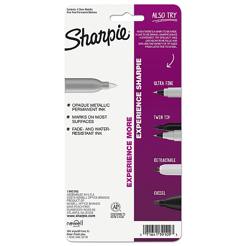 Sharpie Metallic Fine Point Permanent Markers, Fine Bullet Tip, Metallic Silver, 4/Pack (39109PP)
