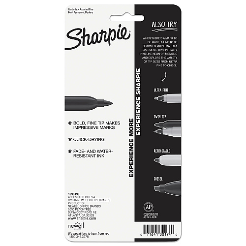 Sharpie Fine Tip Permanent Marker, Fine Bullet Tip, Assorted Colors, 4/Set (30174PP)
