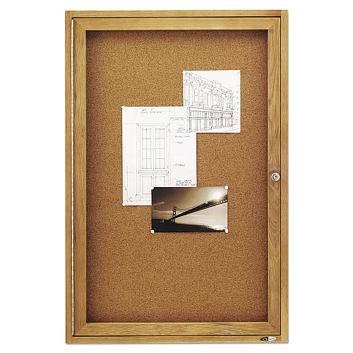 Quartet Enclosed Indoor Cork Bulletin Board with One Hinged Door, 24 x 36, Tan Surface, Oak Fiberboard Frame (363)