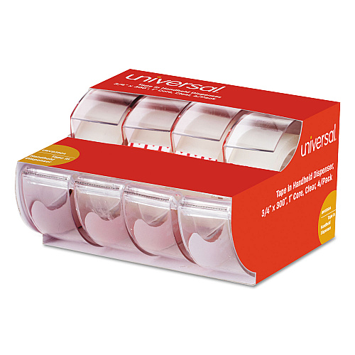 Universal Invisible Tape with Handheld Dispenser, 1" Core, 0.75" x 25 ft, Clear, 4/Pack (UNV83504)