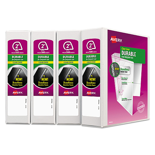 Avery Durable View Binder with DuraHinge and Slant Rings, 3 Rings, 2" Capacity, 11 x 8.5, White, 4/Pack (17577)