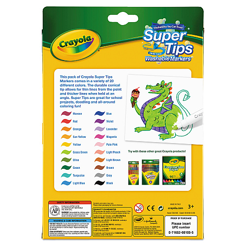 Crayola Washable Super Tips Markers, Fine/Broad Bullet Tips, Assorted Colors, 20/Set (588106)