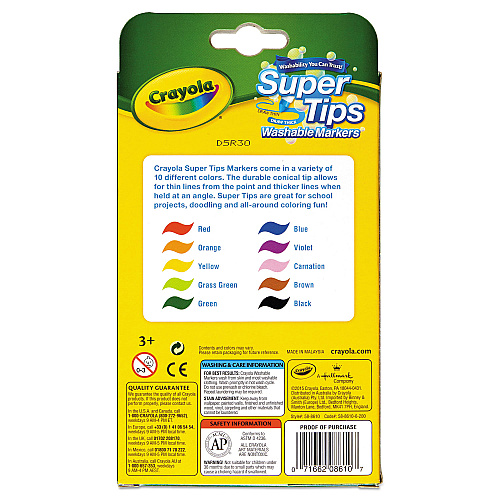 Crayola Washable Super Tips Markers, Fine/Broad Bullet Tips, Assorted Colors, 10/Set (588610)