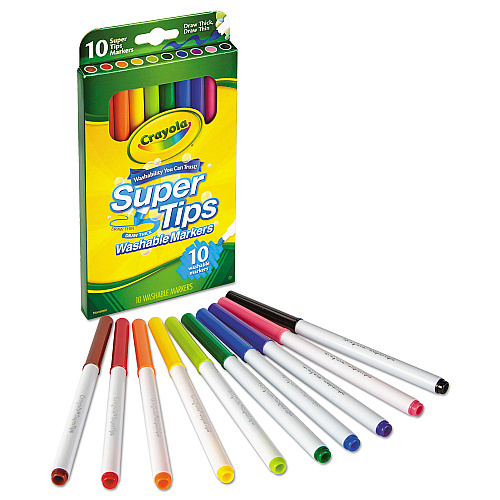 Crayola Washable Super Tips Markers, Fine/Broad Bullet Tips, Assorted Colors, 10/Set (588610)