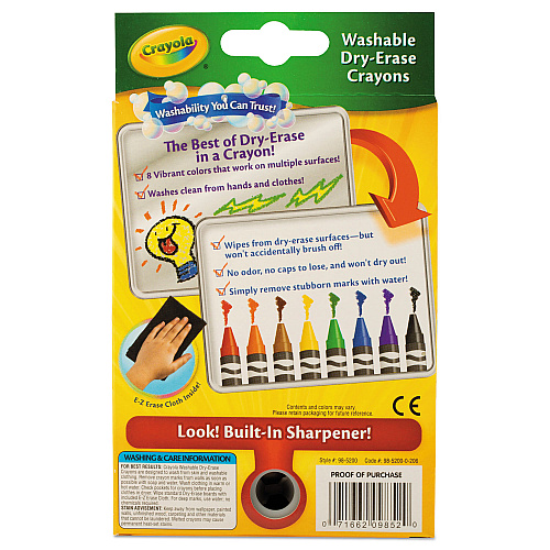 Crayola Washable Dry Erase Crayons w/E-Z Erase Cloth, Assorted Colors, 8/Pack (985200)