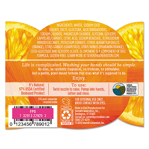 Seventh Generation Natural Hand Wash, Mandarin Orange and Grapefruit Scent, 12 oz, 8/Carton (22925CT)
