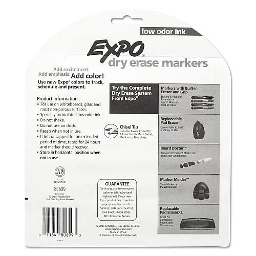 EXPO Low-Odor Dry-Erase Marker, Broad Chisel Tip, Assorted Colors, 12/Set (80699)