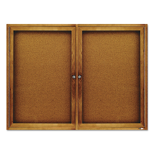 Quartet Enclosed Indoor Cork Bulletin Board with Two Hinged Doors, 48 x 36, Tan Surface, Oak Fiberboard Frame (364)