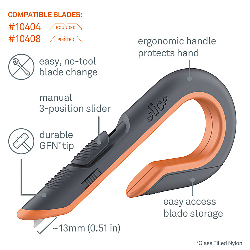 slice Box Cutters, Double Sided, Replaceable, 1.29" Carbon Steel Blade, 7" Nylon Handle, Gray/Orange (10400)