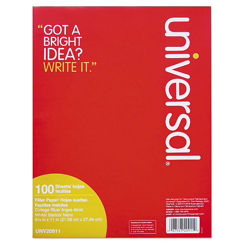 Universal Filler Paper, 3-Hole, 8.5 x 11, Medium/College Rule, 100/Pack (UNV20911)