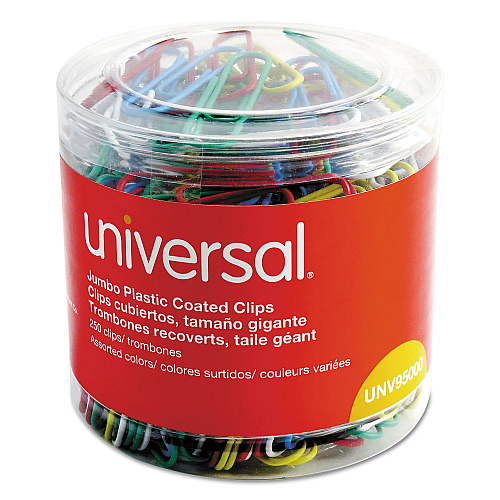 Universal Plastic-Coated Paper Clips with One-Compartment Dispenser Tub, Jumbo, Assorted Colors, 250/Pack (UNV95000)