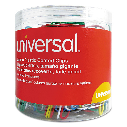 Universal Plastic-Coated Paper Clips with One-Compartment Dispenser Tub, Jumbo, Assorted Colors, 250/Pack (UNV95000)