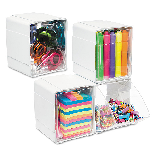Deflecto Tilt Bin Interlocking 4-Bin Organizer, Plastic, 4.63 x 4.88 x 5.5, White/Clear (421103)
