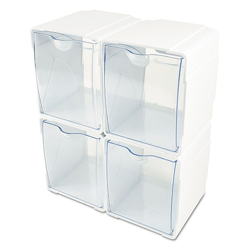 Deflecto Tilt Bin Interlocking 4-Bin Organizer, Plastic, 4.63 x 4.88 x 5.5, White/Clear (421103)