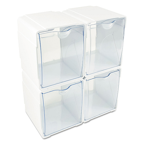 Deflecto Tilt Bin Interlocking 4-Bin Organizer, Plastic, 4.63 x 4.88 x 5.5, White/Clear (421103)