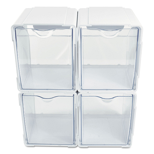 Deflecto Tilt Bin Interlocking 4-Bin Organizer, Plastic, 4.63 x 4.88 x 5.5, White/Clear (421103)