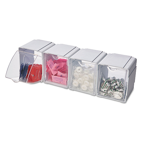 Deflecto Tilt Bin Interlocking 4-Bin Organizer, Plastic, 4.63 x 4.88 x 5.5, White/Clear (421103)